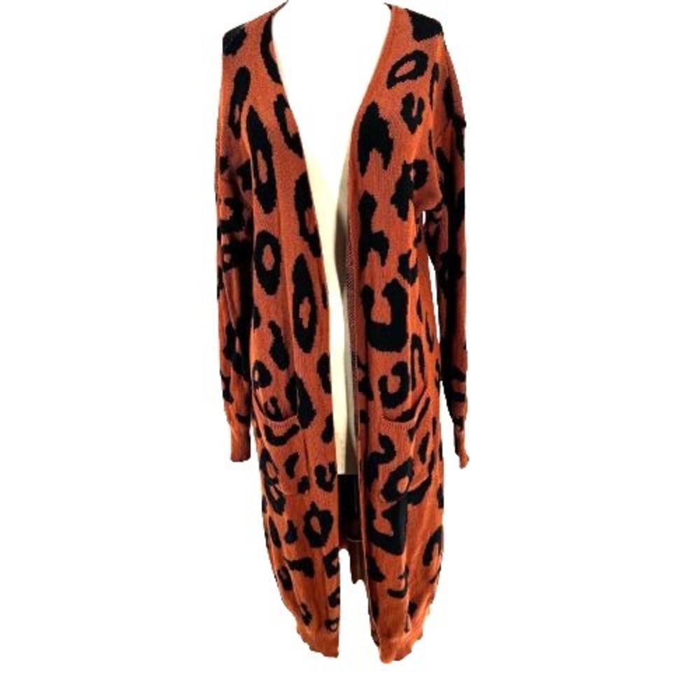 143 Story by Line Up Leopard Print Cardigan Duster Sweater Women's Large Brown
